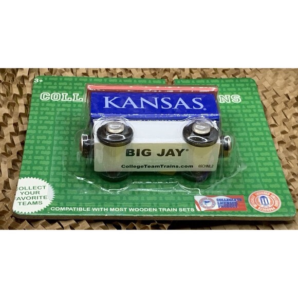 KANSAS UNIVERSITY KU COLLEGE TEAM TRAINS * NEW IN PACKAGE * WOODEN TRAIN BIG JAY - Picture 3 of 3